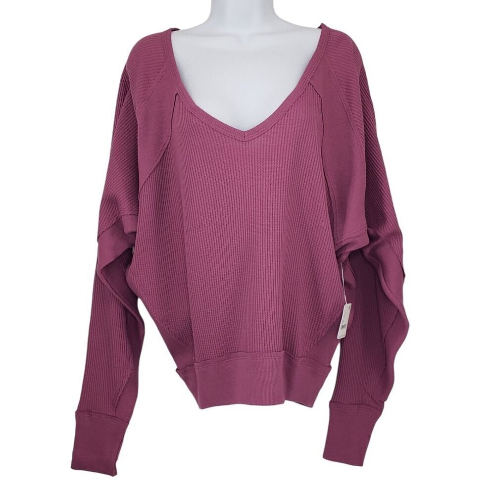 Free People‎ Waffle Knit V-Neck Top Slouchy Oversized Beachy Boho Mulberry NWT